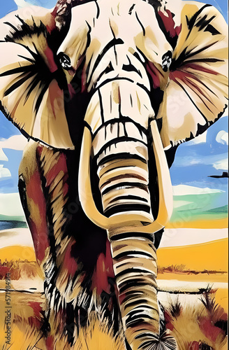 Mächtiger afrikanischer Elefantenbulle mit langen Stoßzähnen. Gemalte Digitalkunst.  photo
