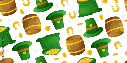 Seamless pattern with symbols of st. patrick's day. lucky horseshoe, hat, barrel and coins in cartoon style