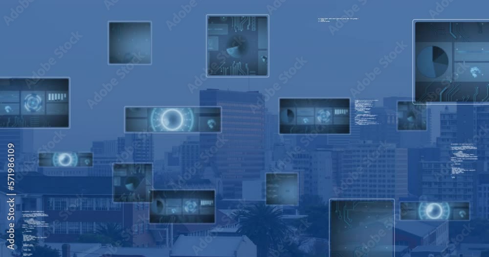 Animation of scopes scanning and data processing over cityscape Animation of scopes scanning and data processing over cityscape