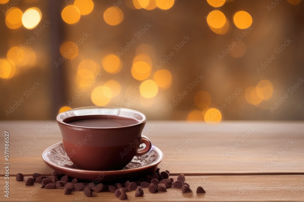 Fototapeta premium Cozy Hot Chocolate Cup on Bokeh Background - Warm Up Your Winter with a Delicious Cocoa Drink - High-Quality Photo for Blogs, Social Media, and More