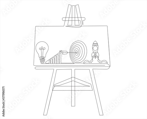 Easel on which of light bulb with a dart board, increasing up arrows bar graph and Rocket launch, ship is drawn in continuous one line drawing. Startup idea and winning education or business success