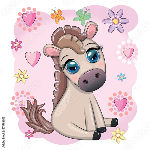 Fototapeta Naklejka Na Ścianę i Meble -  Cute cartoon horse, pony for card with flowers, balloons, heart