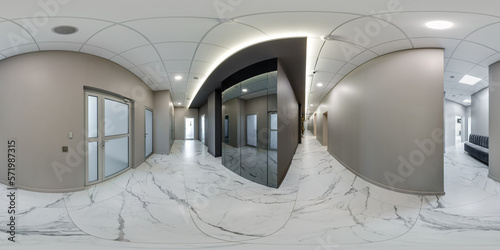 full seamless spherical hdri 360 panorama in interior of empty room and narrow long corridor with mirror with repair in modern office in equirectangular projection, ready AR VR virtual reality content