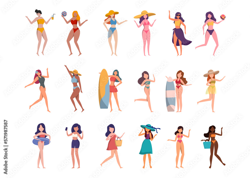 Bundle of woman character 3 sets, 18 poses of female in swimming suit with gear