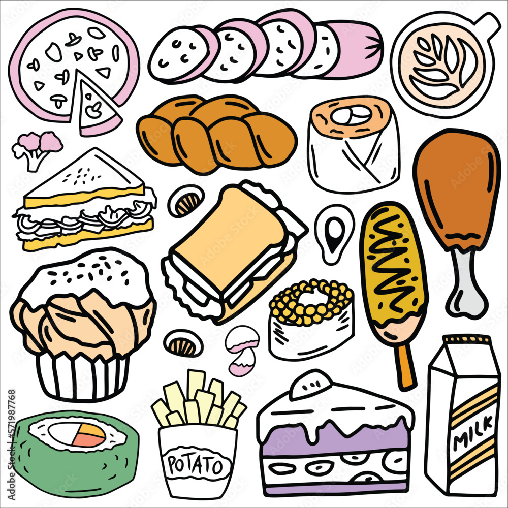 Food doodle icon set vector illustration. Suitable for sticker pack, logo, icon and graphic design elements Food doodle icon set vector illustration. Suitable for sticker pack, logo, icon and graphic design elements