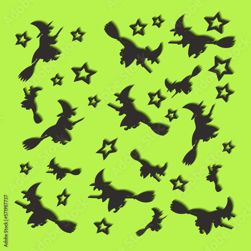 Square Halloween pattern with stars and flying witches