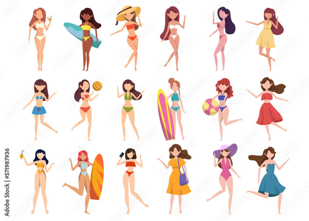 Bundle of woman character 6 sets, 18 poses of female in swimming suit with gear