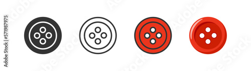 Clothes red button with shadow icon on light background . Sewing item. Element of clothes, shirt, dress, textile, vintage. Outline, flat and colored style. Flat design. Vector illustration.