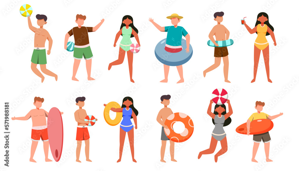 Bundle of man and woman character 4 sets, 12 poses of female in swimming suit with gear
