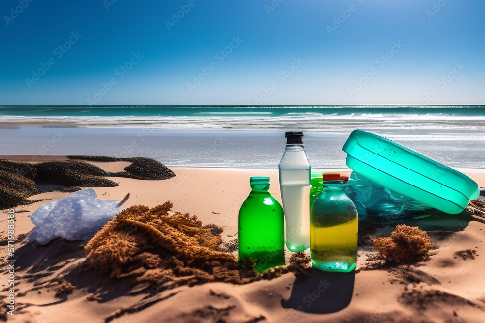 ILUSTRACION DE PLAYA LLENA DE BOTELLAS Y BASURA. CONCEPTO DE CONTAMINACION AMBINETAL ILUSTRACION DE PLAYA LLENA DE BOTELLAS Y BASURA. CONCEPTO DE CONTAMINACION AMBINETAL