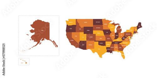United States of America political map of administrative divisions - states and federal district Washington, D.C. Flat vector map with name labels. Brown - orange color scheme.