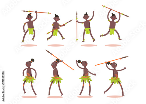 Bundle of African tribe character set with a spear 8 gestures