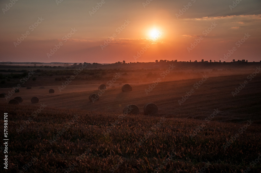 On an early autumn evening, bales of straw are waiting to be picked up from the field. On an early autumn evening, bales of straw are waiting to be picked up from the field.