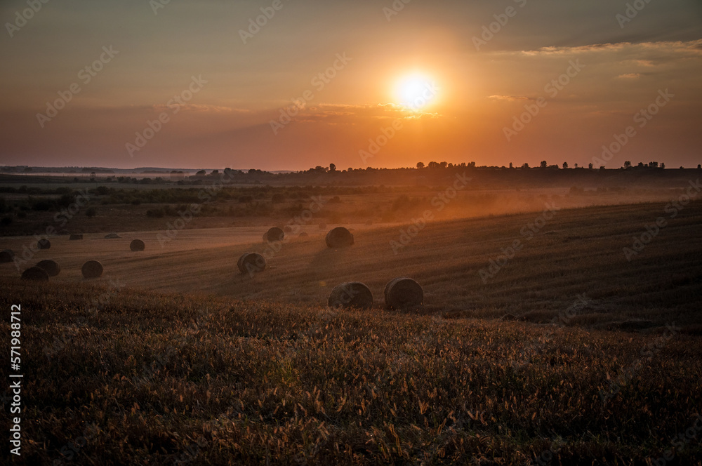 On an early autumn evening, bales of straw are waiting to be picked up from the field. On an early autumn evening, bales of straw are waiting to be picked up from the field.