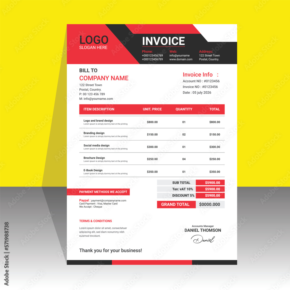 Minimal style invoice template design price document vector template design.