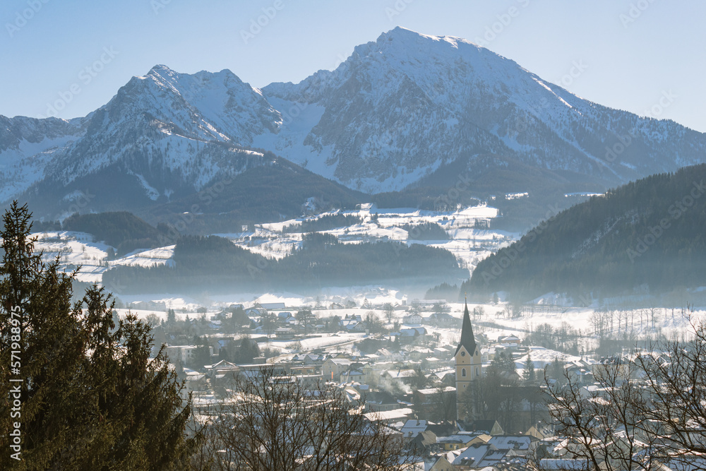 View to Windischgarsten in the morning with fog, Upperaustria