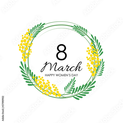International Women's Day greeting card. Design a card for March 8 with a blossoming sprig of mimosa. Spring flowers mimosa. Vector illustration