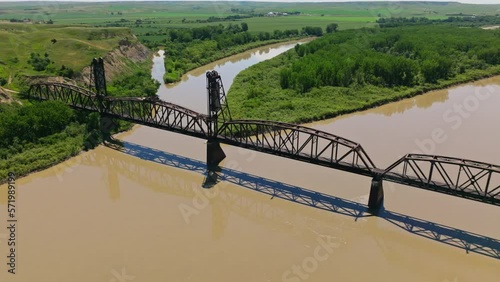 Reveal Full Length of Fairview Lift Bridge, Montana, US, Pull Back Rising Aerial photo