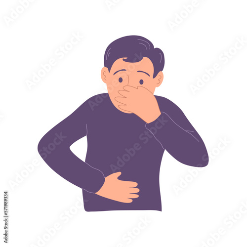 A young man suffers from nausea and abdominal pain. Vomiting and diarrhea. Symptom of the disease. The infection is bacterial. Flat vector illustration isolated on white background