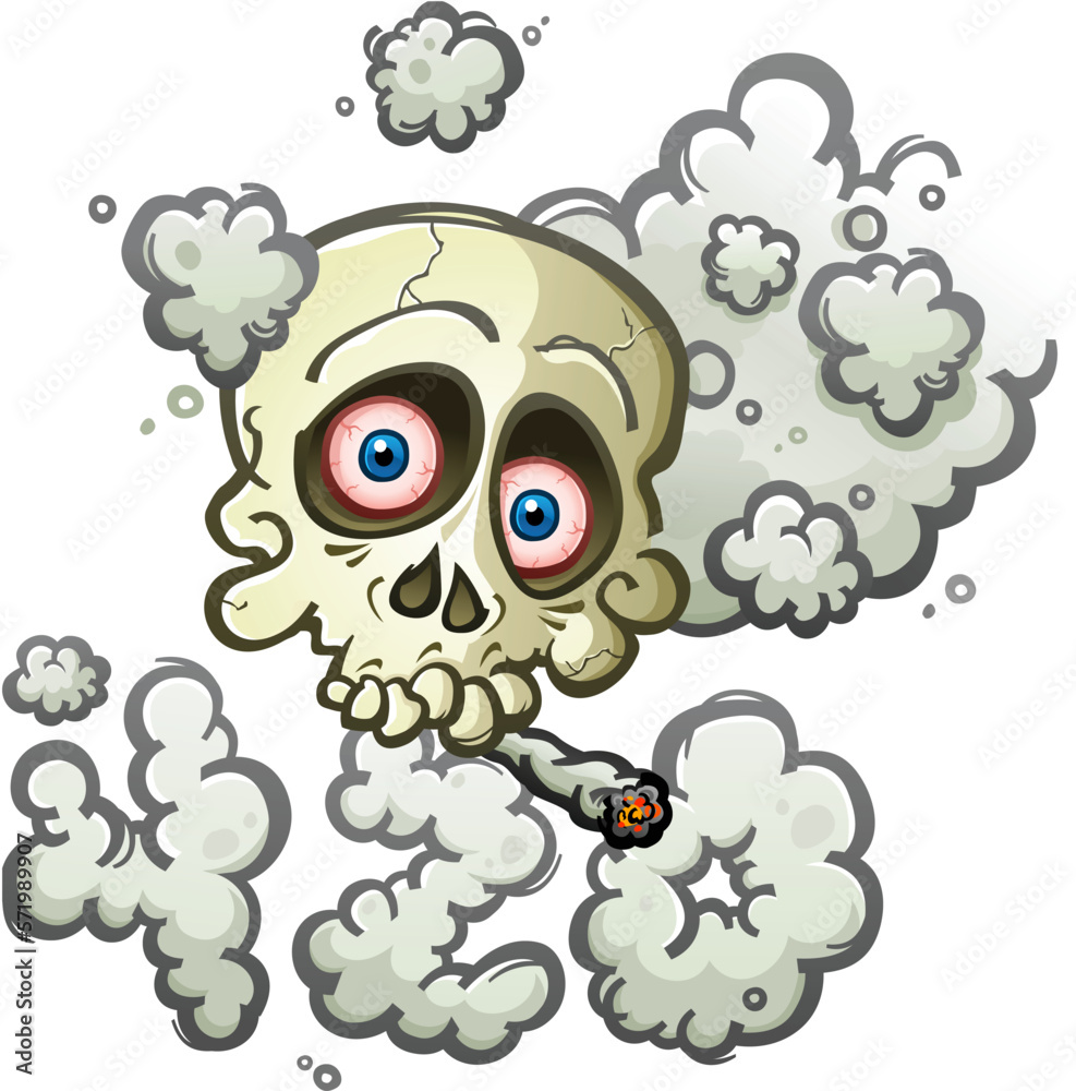 Skull cartoon character smoking a marijuana joint with a surrounding haze of billowing smoke shaped like four twenty 420 vector illustration