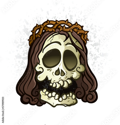A dried out skeleton skull jesus wearing a crown of thorns vector cartoon clip art