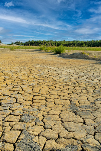 A dried up pond with cracked earth on a hot day.