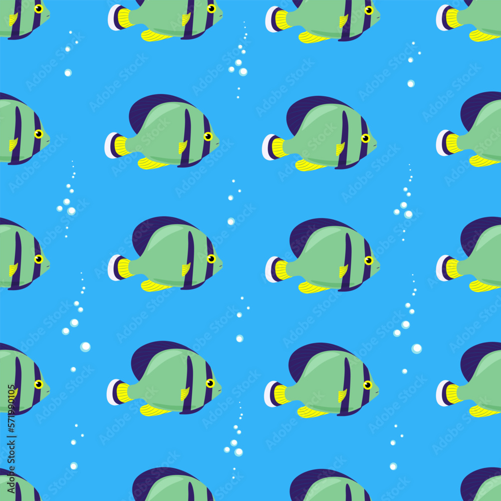 Exotic bright fish seamless pattern. Vector marine fish in flat style. Marine life. Exotic bright fish seamless pattern. Vector marine fish in flat style. Marine life.
