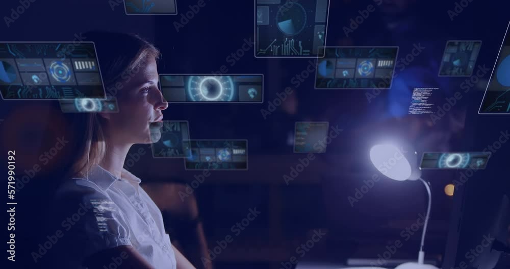 Animation of scopes scanning and data processing over woman using computer Animation of scopes scanning and data processing over woman using computer
