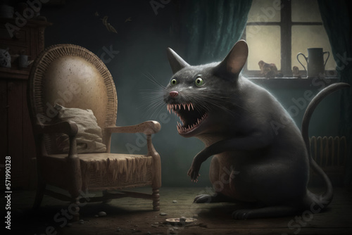 cat rat horror fantasy hungry dirty livingroom mouth open big teeth animal generative ai