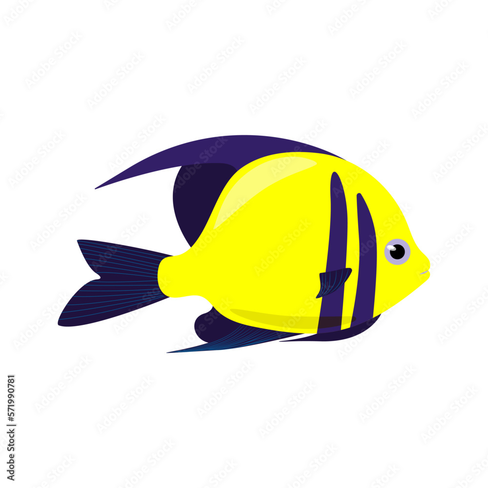 Decorative yellow sea fish with blue fins. Vector fish isolate in flat style, Sea exotic animals. Decorative yellow sea fish with blue fins. Vector fish isolate in flat style, Sea exotic animals.