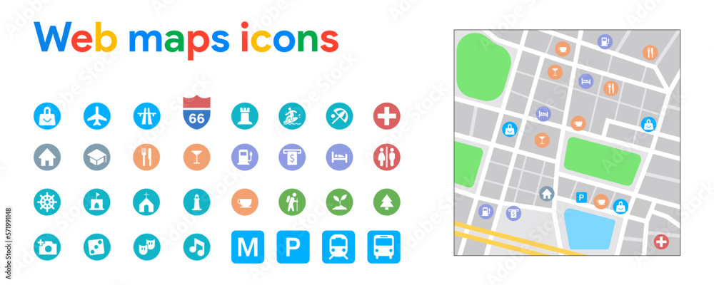Web Maps Icons Collection. Set of highlights on map in internet. Vector illustration with symbols of main points in the city. Modern trendy design. Pinpoints on display.