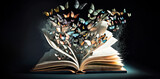 Old book with butterflies. A fairy tale old story book with butterflies flying out, 3d image created with generative ai