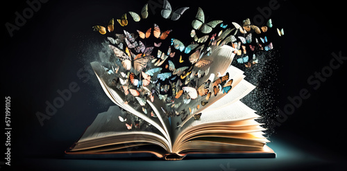 Old book with butterflies.  A fairy tale old story book with butterflies flying out, 3d image created with generative ai photo
