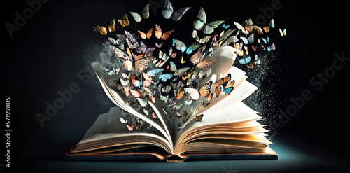 Old book with butterflies.  A fairy tale old story book with butterflies flying out, 3d image created with generative ai