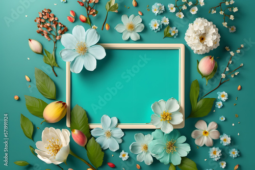 Beautiful spring nature background with lovely blossom  petal a on turquoise blue background frame made with Generative AI