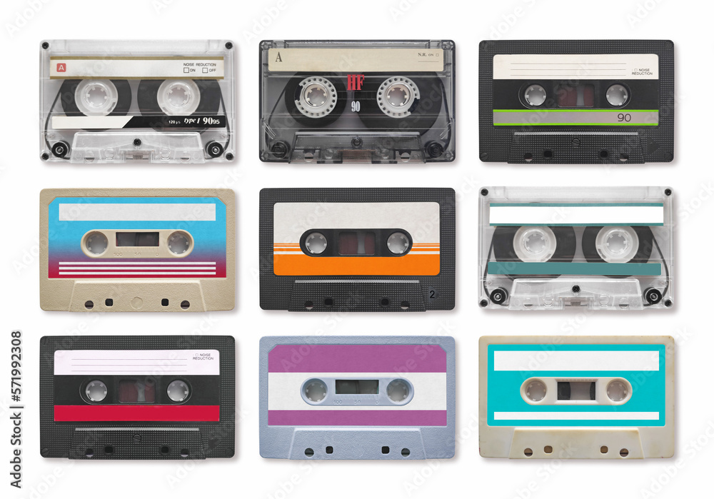 9 vintage audio cassette on a white background