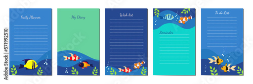 Personal diary templates decorated with sea fish. Vector cartoon design, cute exotic sea fish and seaweed.