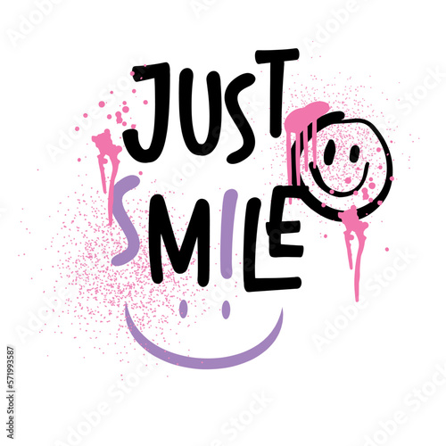 Graffiti street art style smile slogan text, melting face drawings. Vector illustration design, fashion, graphics, tshirt prints, graphic, fashion, girls, women, sweatshirts, kids, clothing, textile