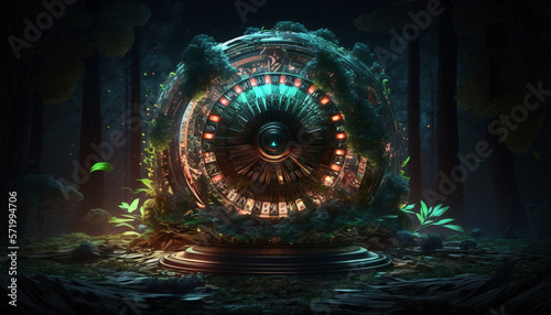 Roleta de casino dentro de uma floresta misteriosa durante a noite, abstrato, misterioso - AI Generated photo