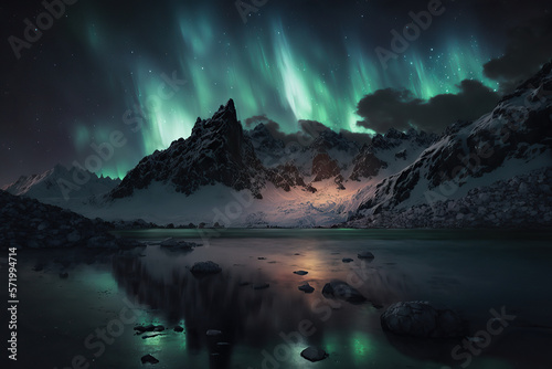 Photorealistic aurora borealis moody, northern lights with starry in the night sky. Fantastic winter landscape of snowy mountains, created with Generative AI © Nacci