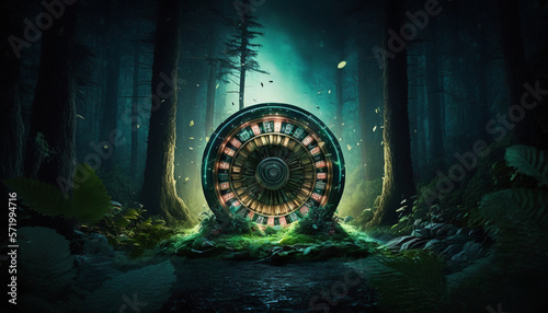 Roleta de casino dentro de uma floresta misteriosa durante a noite, abstrato, misterioso - AI Generated