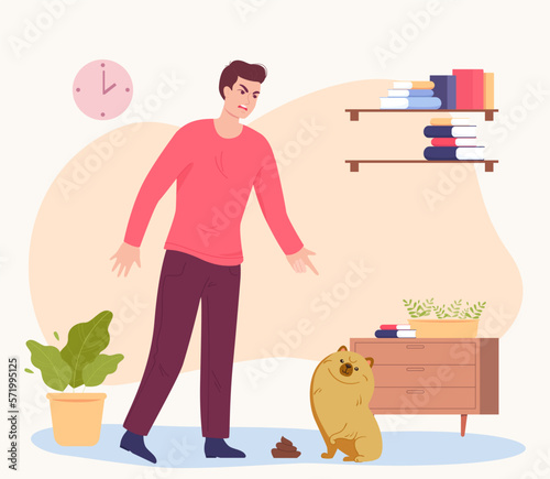 Man yelling at dog for pooping on floor vector illustration. Angry male character scolding pet for bad behavior in living room on white background. Pet training, cleaning service, animal concept