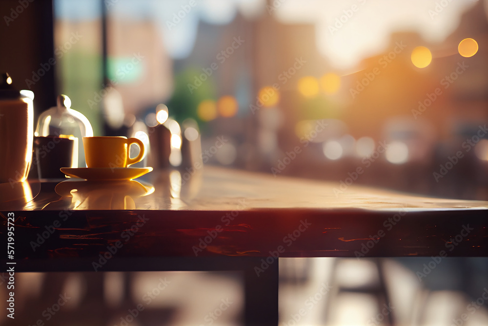 Copy space of table top counter on blur bokeh coffee cafe. Generative AI