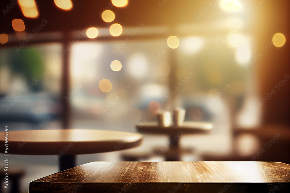 Copy space of table top counter on blur bokeh coffee cafe. Generative AI Copy space of table top counter on blur bokeh coffee cafe. Generative AI