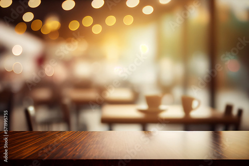 Copy space of table top counter on blur bokeh coffee cafe. Generative AI © arneaw