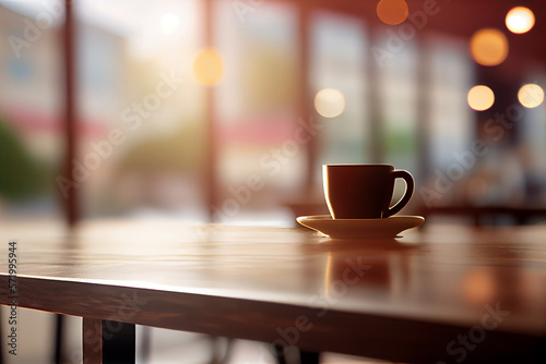 Copy space of table top counter on blur bokeh coffee cafe. Generative AI