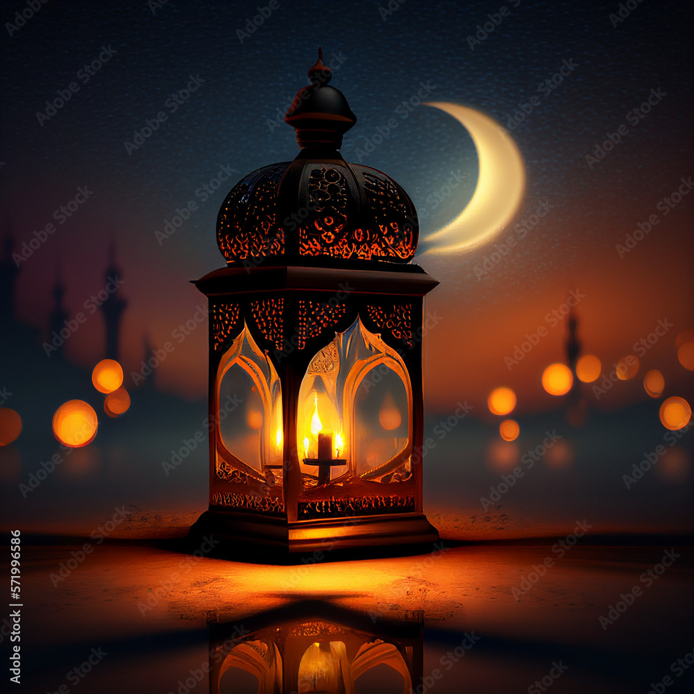 Arabic lantern in the night with burning candle. Generative AI. Arabic lantern in the night with burning candle. Generative AI.