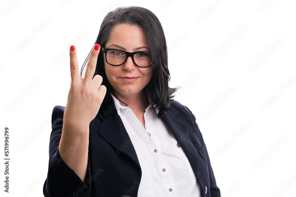 Businesswoman wearing spectacles showing number two with fingers Businesswoman wearing spectacles showing number two with fingers