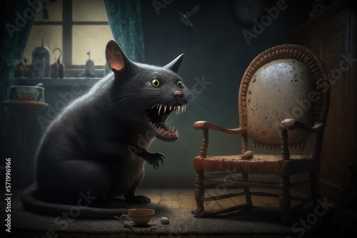 cat rat horror fantasy hungry dirty livingroom mouth open big teeth animal generative ai