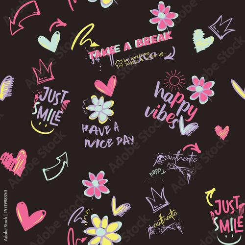 Cute, retro, conversational, seamless pattern print, typography, lettering, positive quotes and slogans, fabric, textile, tshirt, sweatshirt, packaging, wrapping, tshirt, girls, women, kids, fashion